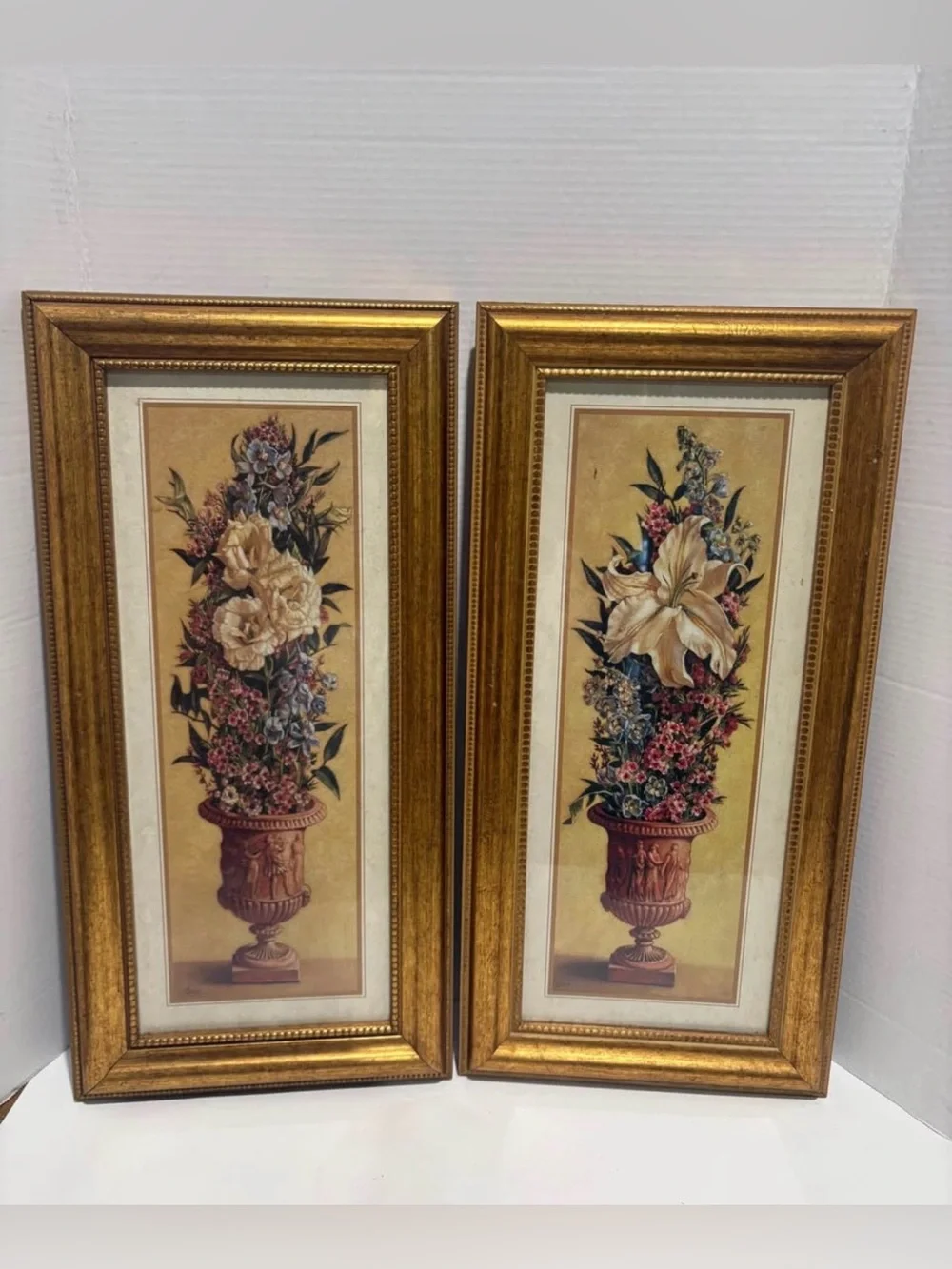 Gold Framed Botanical Wall Art Pair - Floral Urn Prints